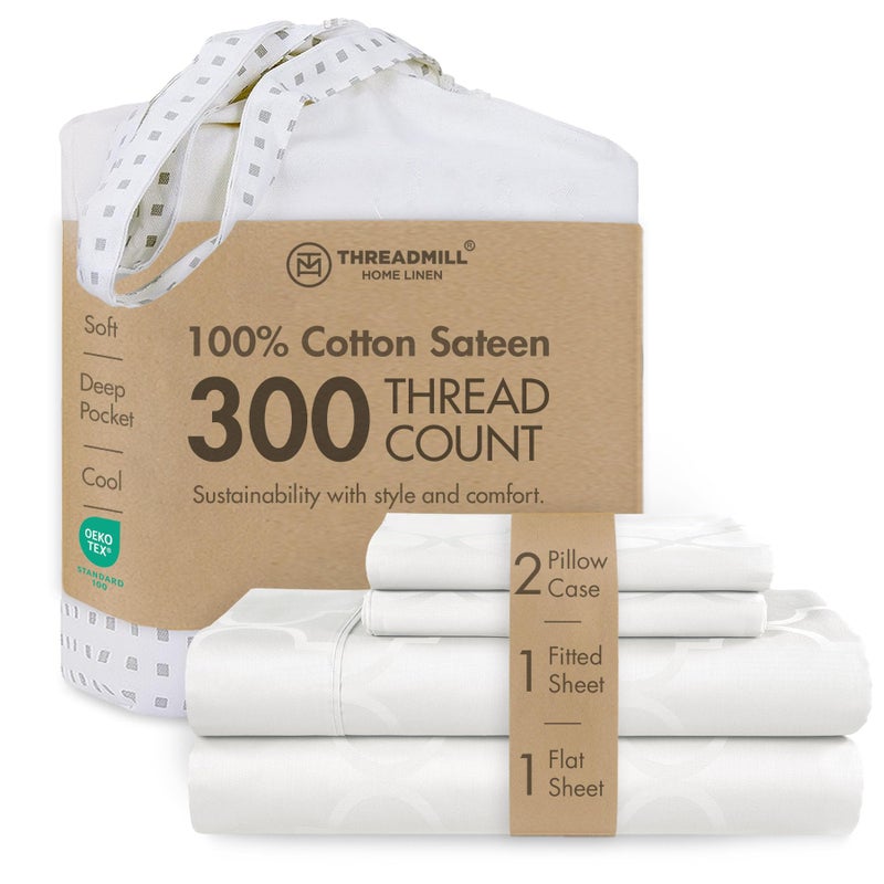 Threadmill 100% Cotton Sheets for King Size Bed | 4 Pc King Bed Sheets Set | Soft, Breathable Lightweight Damask Sateen for All-Season Use | Snug Fit Elastic Deep Pocket King Sheets | White - Image 1